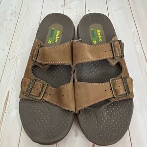 Skechers Reggae Jammin Sandals Womens 8 Brown Leather Double Strap Slide Outdoor